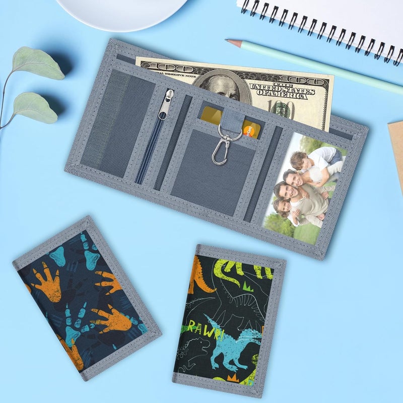 Sundee 3 Packs Kids Wallet Bulk, Mini Trifold Coin Purse Cartoon Wallet, RFID Blocking Wallet, Front Pocket Wallet with Zipper for Kids, Canvas Outdoor Sports Wallets with Magic Sticker - Dinosaur 3 - Image 2